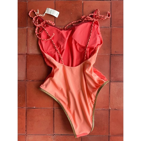 Sz M Aerie Coral / Peach Colorblock Cheeky One-Piece Swimsuit Gold Trim NWT - Picture 2 of 6